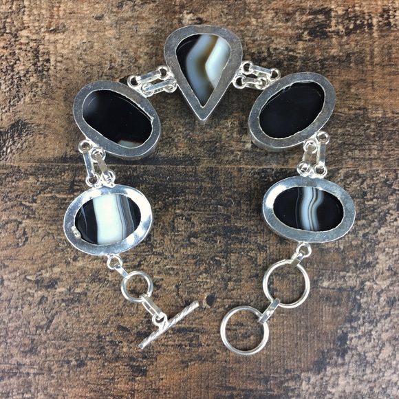 Banded Black Botswana Agate Stone Toggle Bracelet - Picture 7 of 8